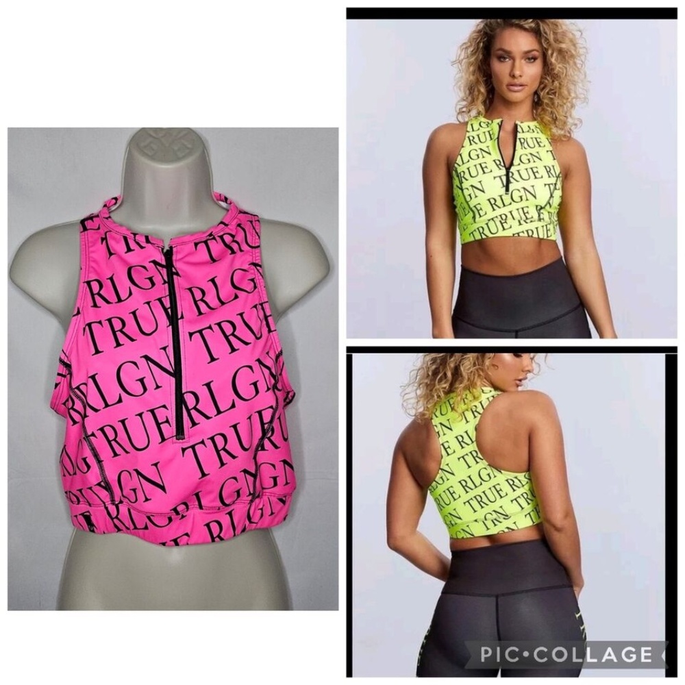 Womens True Religion Neon Repeat Logo Zip Sports Bra Pink Black Racerback Size L